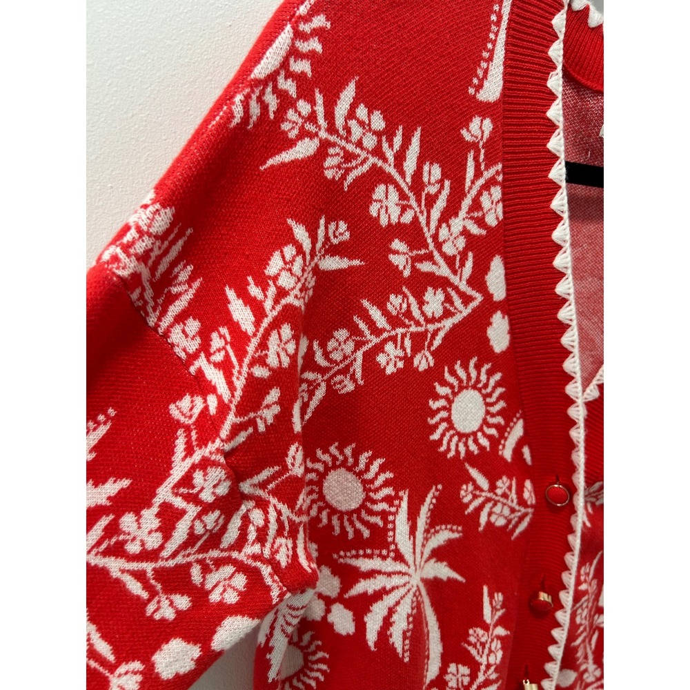Cynthia Rowley Red White Tropical Palm Tree Scalloped Cotton Cardigan Sweater M - Picture 8 of 9
